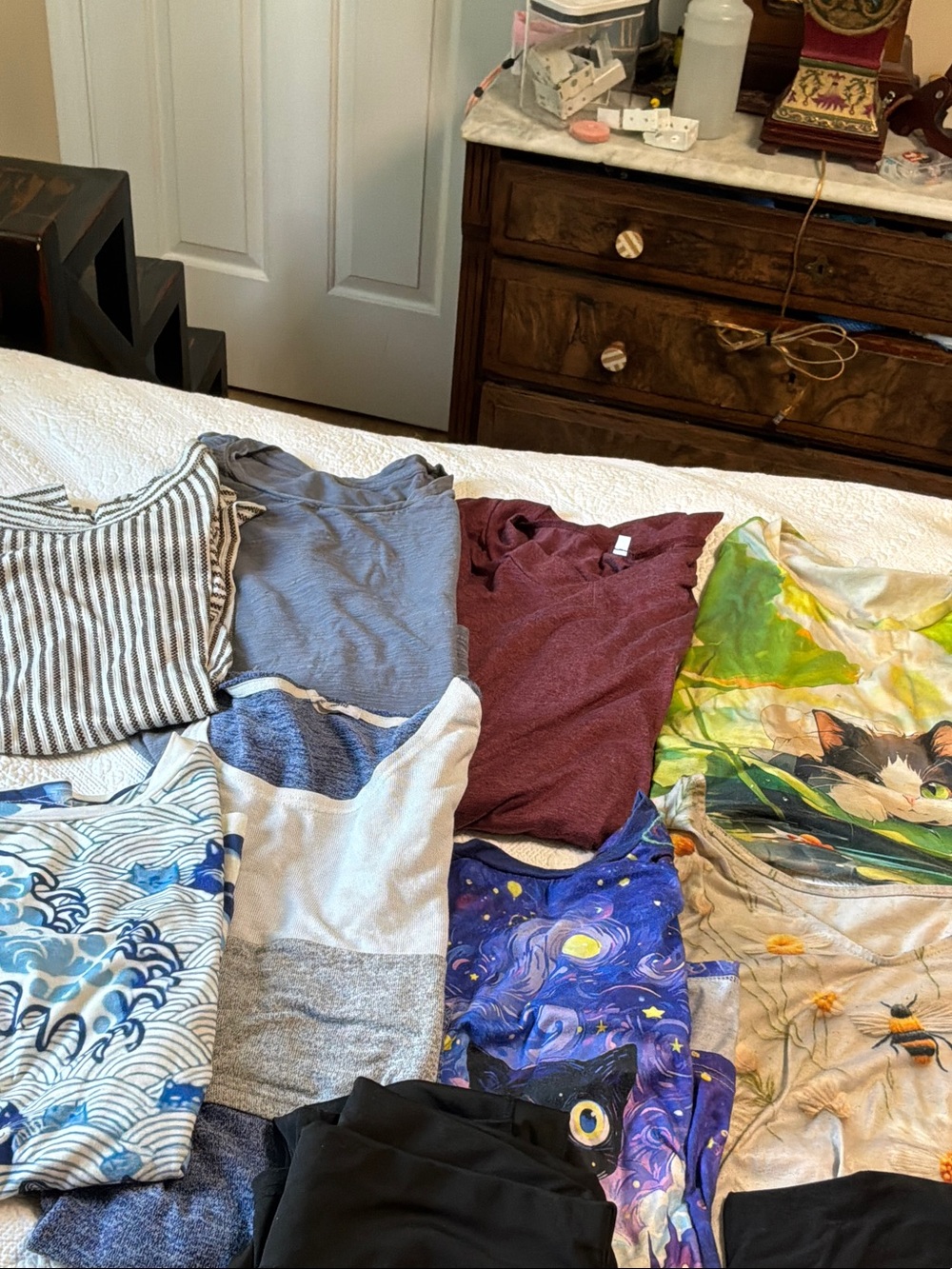 Multiple animal print tops, block print and solid tops with two black leggings